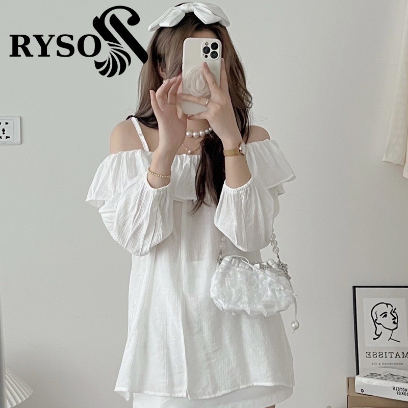 Áo kiểu trễ vai viền bèo xẻ 2 dây RYSO FASHION điều chỉnh bo tay chất đũi đẹp form xinh