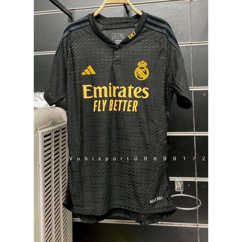 Áo bóng đá cao cấp player phiên bản cận hãng clb Real madrid 2023 màu đen họa tiết 3d