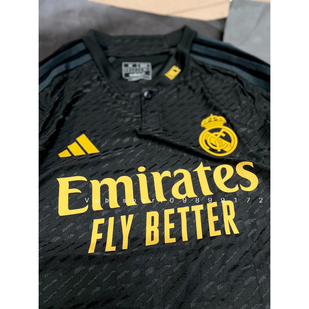 Áo bóng đá cao cấp player phiên bản cận hãng clb Real madrid 2023 màu đen họa tiết 3d