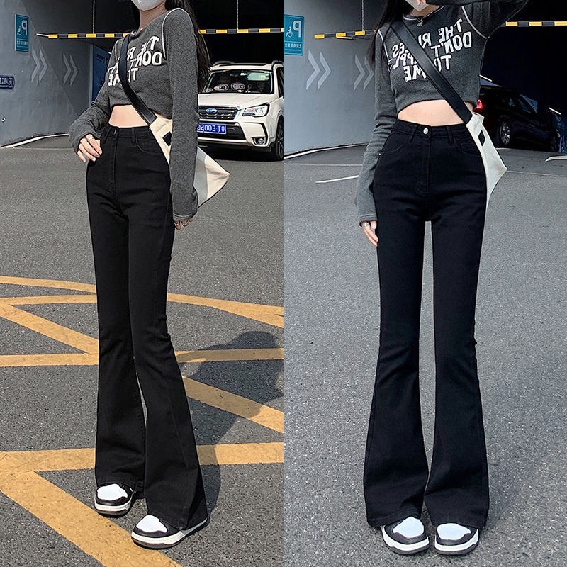 Quần jean nữ đen ống loe lưng cao dài trơn, quần bò nữ đen trơn ống loe dáng ôm đẹp co giãn jeans cao cấp Q1