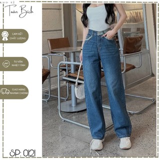 Quần jean nữ ống suông râu mèo phối lưng - 121