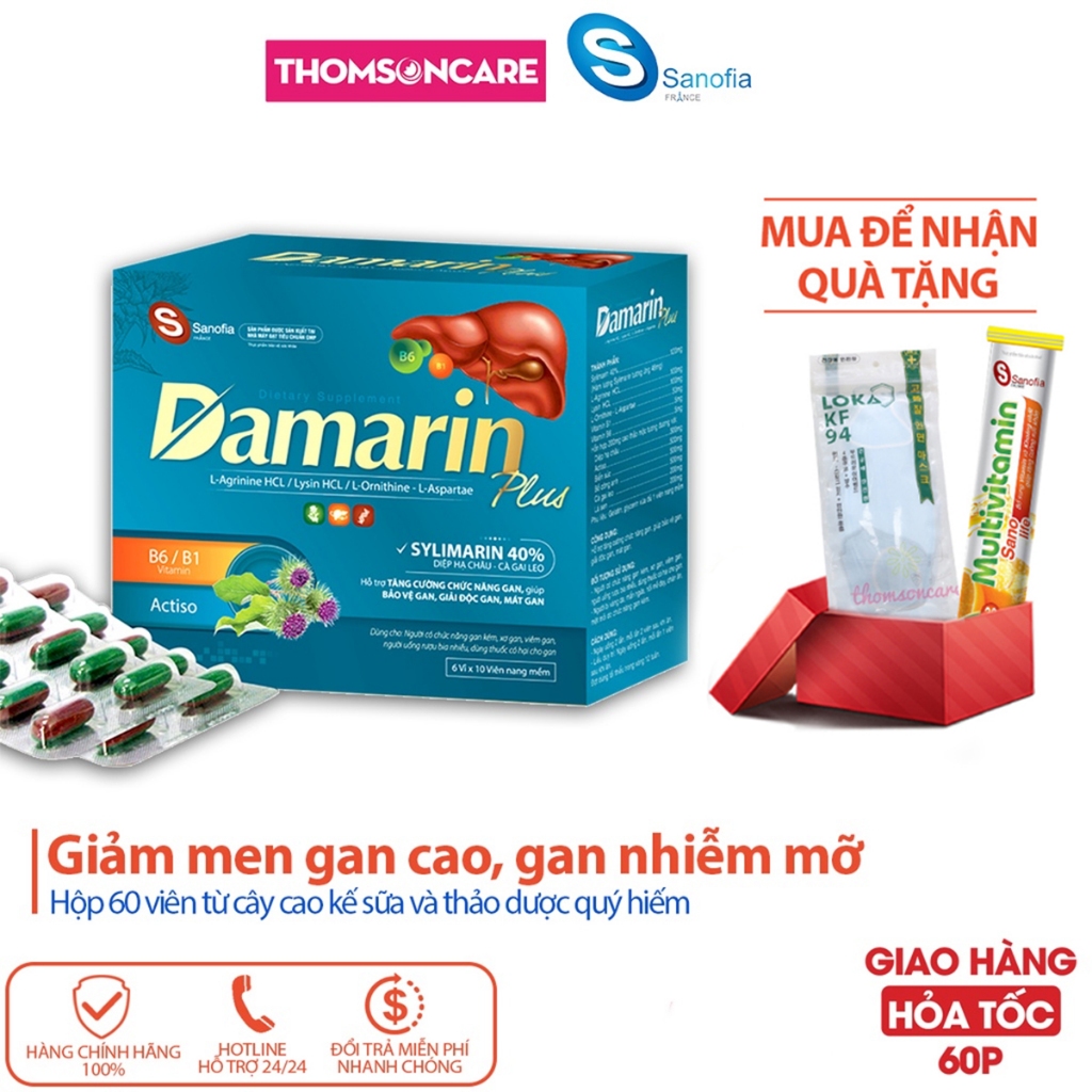 Bổ gan Damarin Plus - Hỗ trợ giải độc gan, hạ men gan, gan nhiễm mỡ, mát gan từ thảo dược - Hộp 60 viên