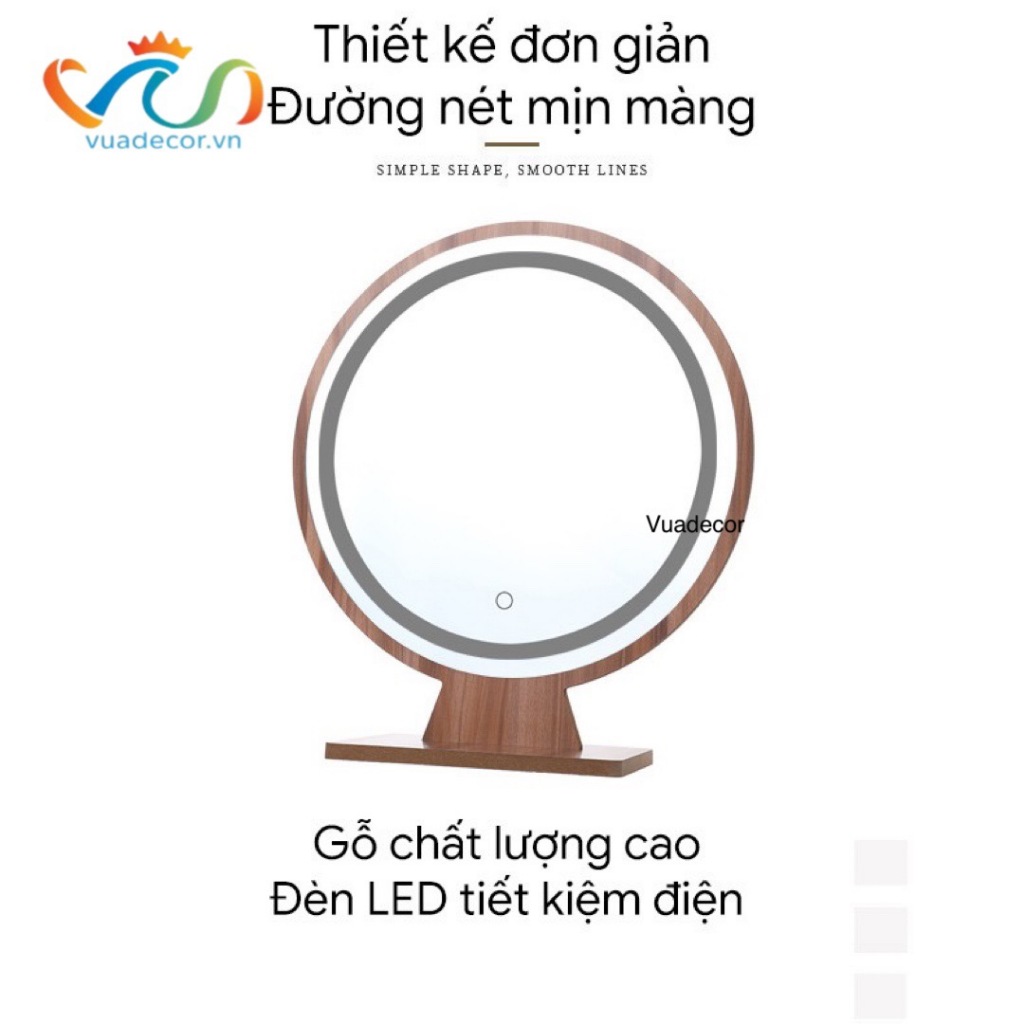 Gương tròn để bàn trang điểm khung gỗ led cảm ứng viền phun cát cao cấp VUADECOR nhiều kích thước