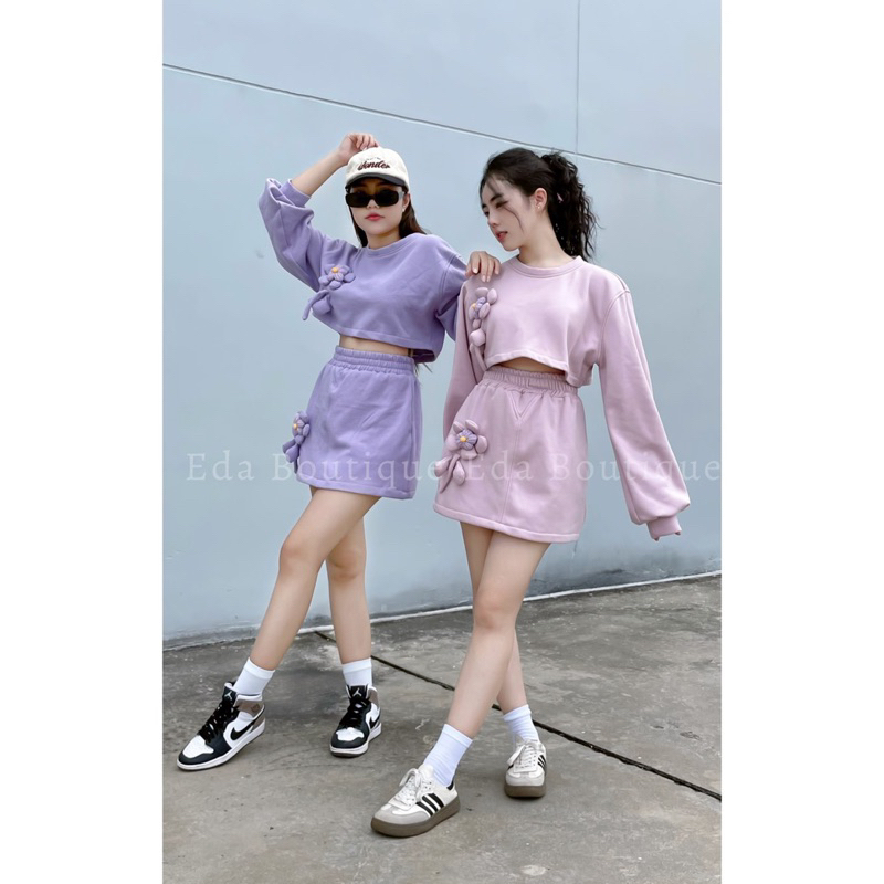 Set Bộ Nữ Nỉ Thu Đông Thêu Hoa Phồng Thiết Kế Dáng Ngắn/ Váy dáng dài Hồng Tím Pastel