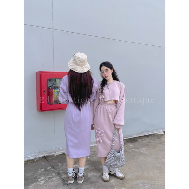 Set Bộ Nữ Nỉ Thu Đông Thêu Hoa Phồng Thiết Kế Dáng Ngắn/ Váy dáng dài Hồng Tím Pastel