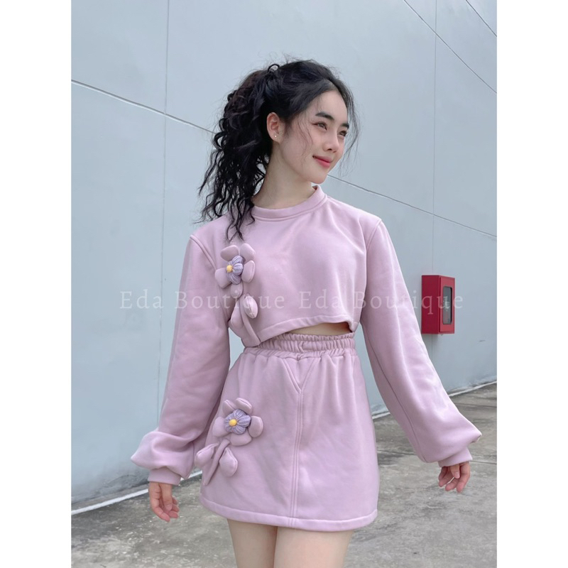 Set Bộ Nữ Nỉ Thu Đông Thêu Hoa Phồng Thiết Kế Dáng Ngắn/ Váy dáng dài Hồng Tím Pastel