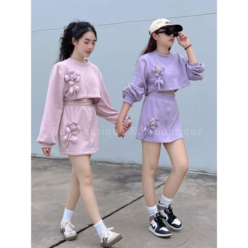 Set Bộ Nữ Nỉ Thu Đông Thêu Hoa Phồng Thiết Kế Dáng Ngắn/ Váy dáng dài Hồng Tím Pastel