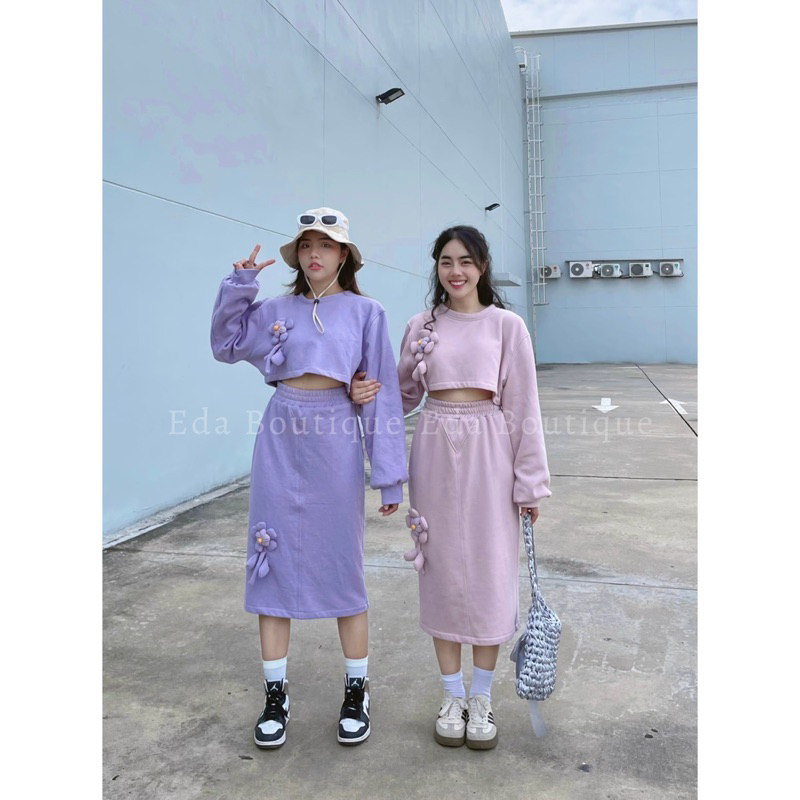 Set Bộ Nữ Nỉ Thu Đông Thêu Hoa Phồng Thiết Kế Dáng Ngắn/ Váy dáng dài Hồng Tím Pastel
