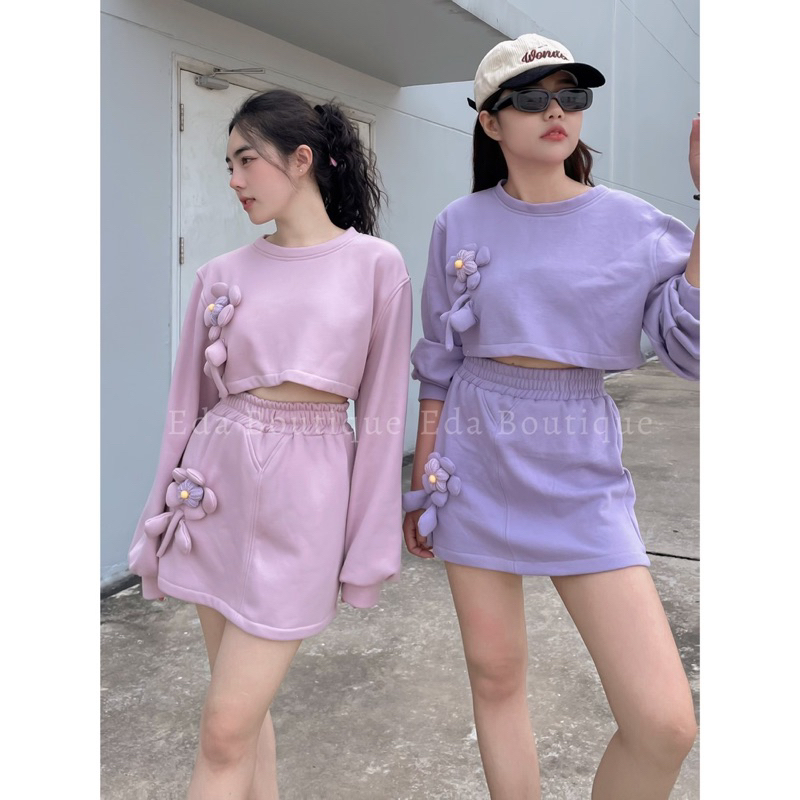 Set Bộ Nữ Nỉ Thu Đông Thêu Hoa Phồng Thiết Kế Dáng Ngắn/ Váy dáng dài Hồng Tím Pastel
