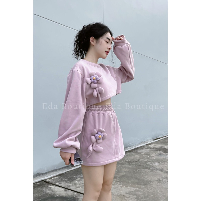 Set Bộ Nữ Nỉ Thu Đông Thêu Hoa Phồng Thiết Kế Dáng Ngắn/ Váy dáng dài Hồng Tím Pastel