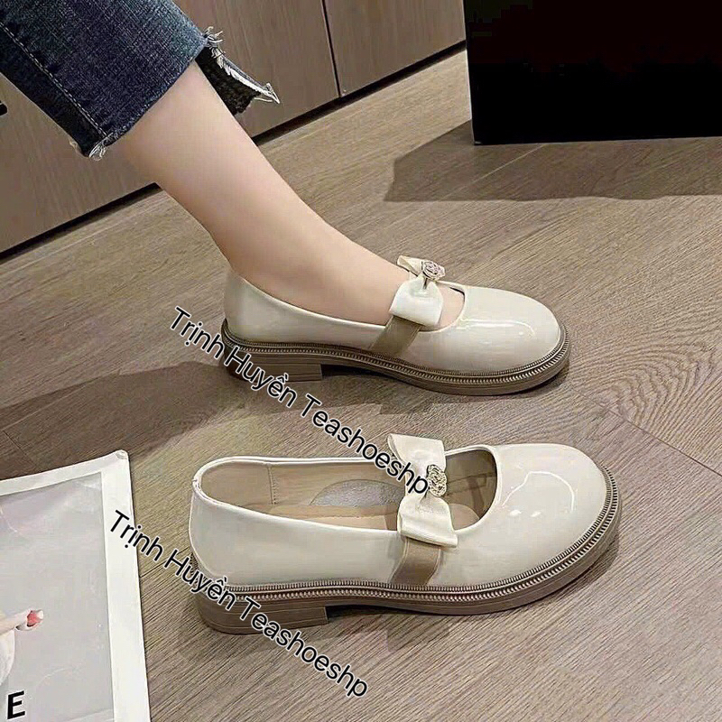 Giày đốc đế cao da bóng đẹp ,giày lolita quai dán đế êm,giày búp bê học sinh nơ mũi tròn 3cm