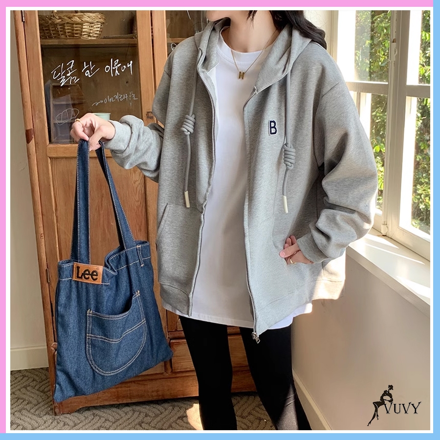 Áo khoác nữ form rộng có mũ VUVY, áo hoodie nữ chất nỉ khoác ngoài AK24