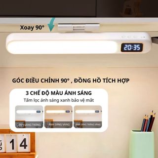 Đèn bàn học đọc sách gắn tường tích điện điều khiển 1120, đèn học led bảo vệ mặt tích hợp đồng hồ, 3 màu ánh sáng