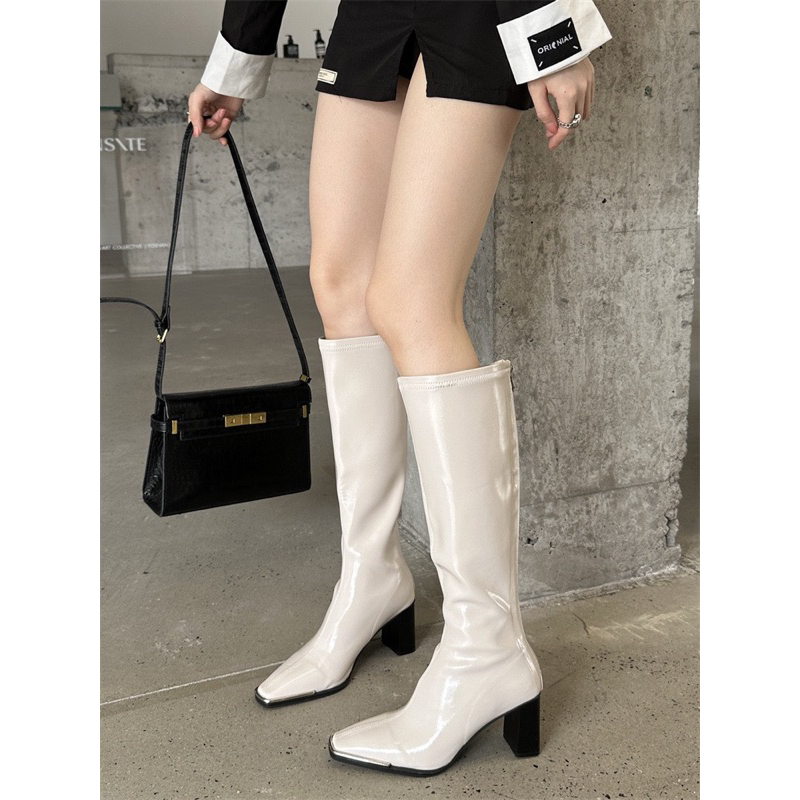 Bốt Da Bóng Lót Lông Khoá Nửa Sườn Gót 9cm