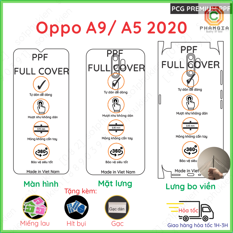 Dán PPF bóng, nhám cho Oppo A9 A5 2020 màn hình, mặt lưng, full lưng viền siêu bảo vệ