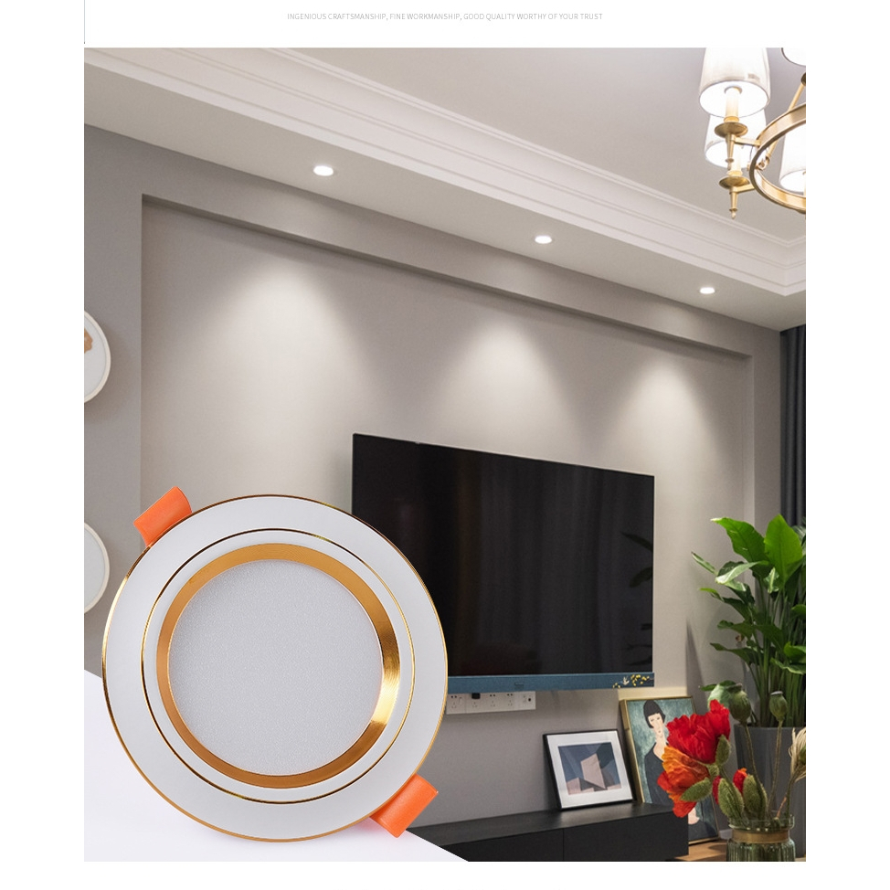 Đèn Led Âm Trần 7W 3 Chế Độ Màu Viền Bạc , Viền Vàng , Đèn downlight phi 90