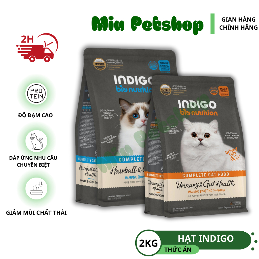 Hạt cho mèo INDIGO xuất xứ Hàn Quốc - TÚI 2KG - giúp Tiêu búi lông, Mượt lông và cân bằng tiêu hoá.