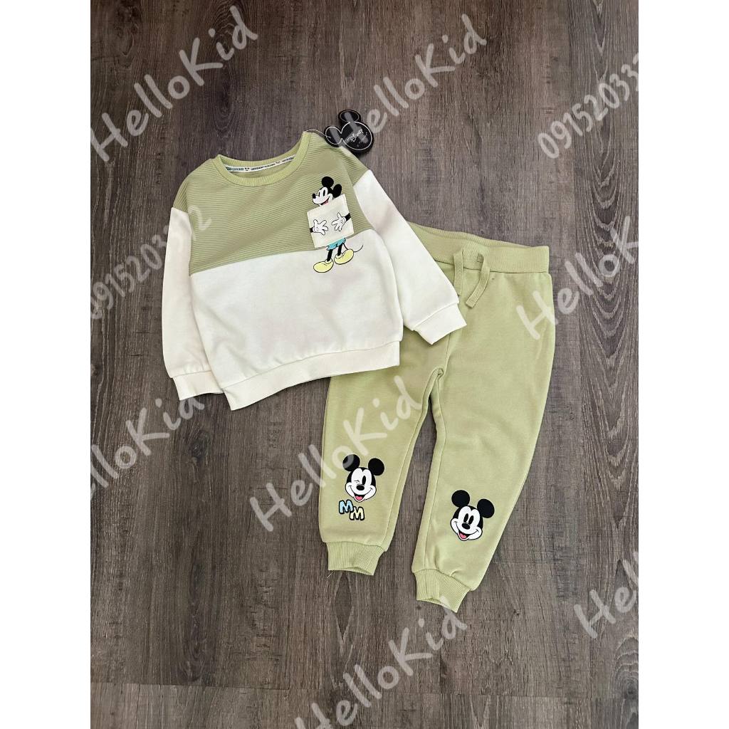 Bộ nỉ mickey xanh cốm cho bé