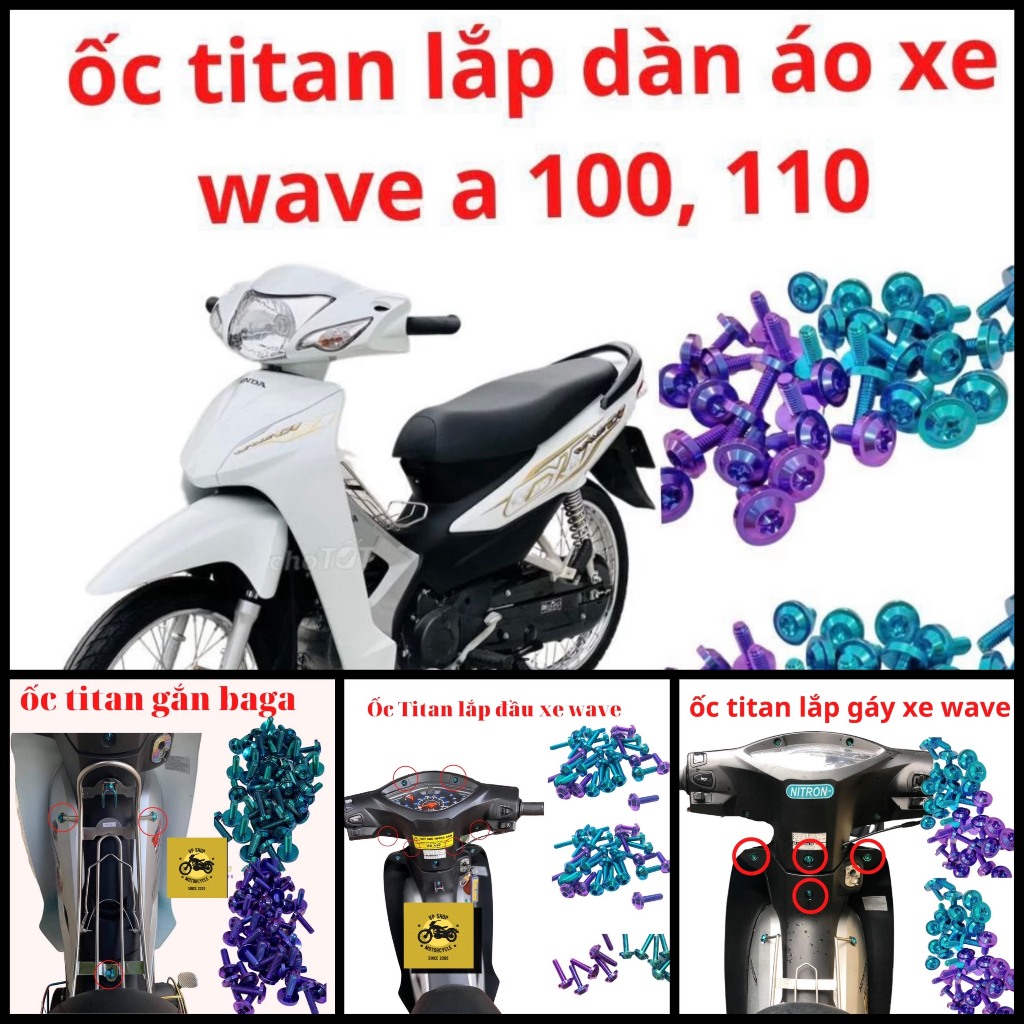 Ốc Titan Full Dàn Áo Wave 110 50cc, gắn gáy bợ cổ, baga, mặt nạ, carte, hộp xích, yếm