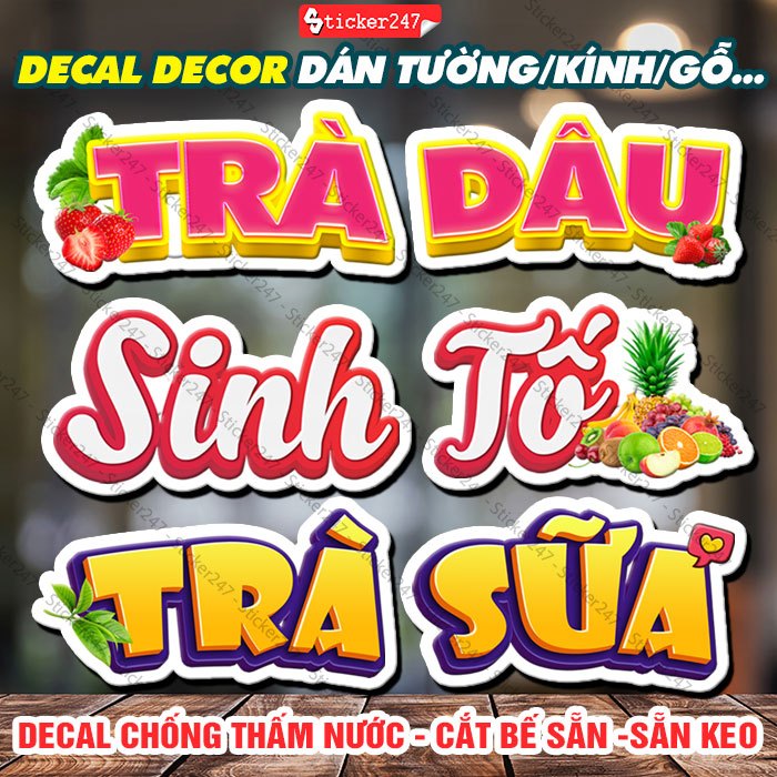 Sticker Trang Trí Quán Trà Sữa Chữ Rời 🍓 Decal Đồ Trang Trí Quán Cafe, Nhãn Dán Thức Uống, Dùng Dán 