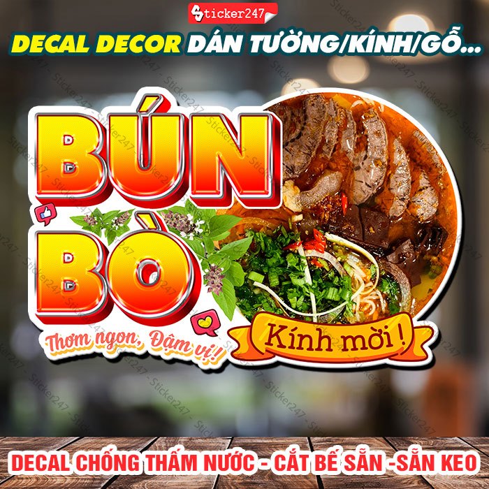 Decal Bún Bò, Hình Dán Trang Trí Quán Ăn 𝑭𝒓𝒆𝒆𝒔𝒉𝒊𝒑 Sticker Bún Bò Huế, Decal Dán Tường Chống Nước Dán Kính