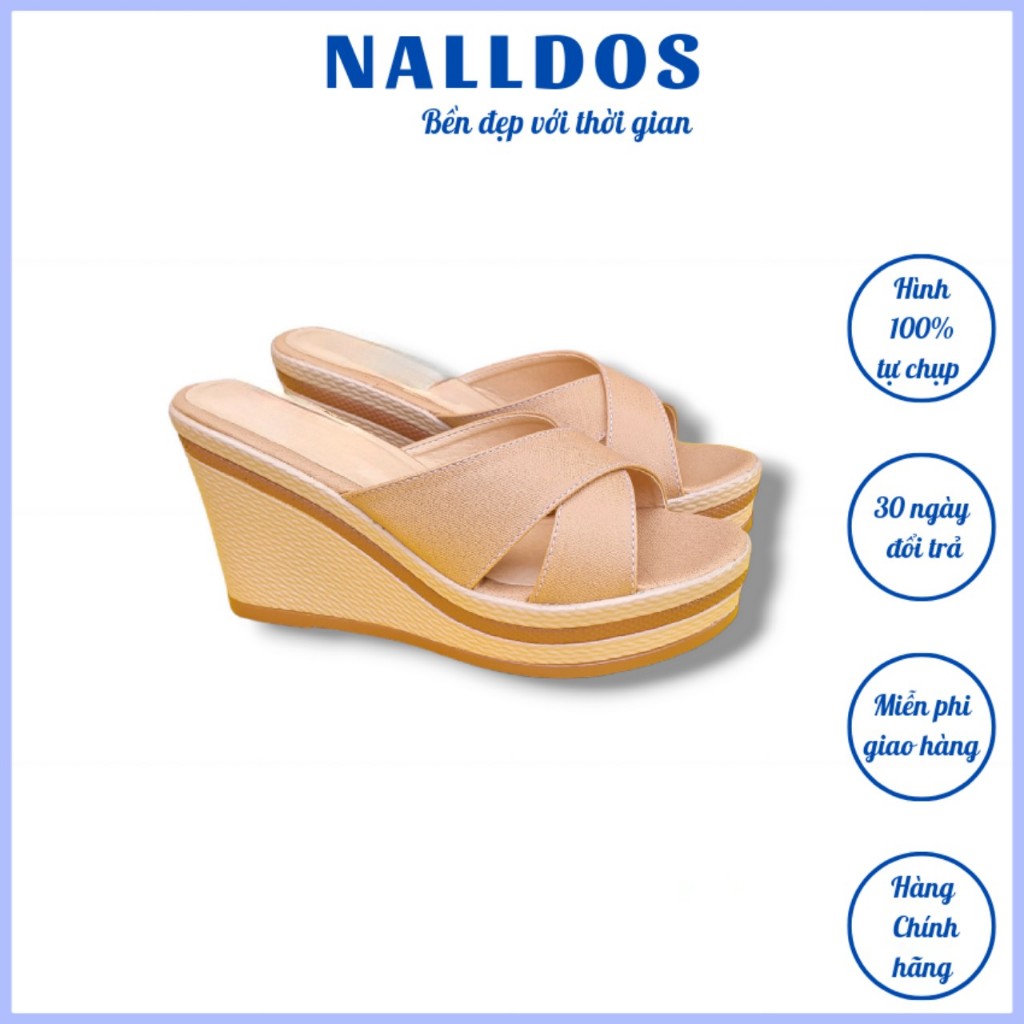 Dép quai chéo NALLDOS quai da đế xuồng PU cao 9cm nguyên khối mang chắc chân dễ di chuyển