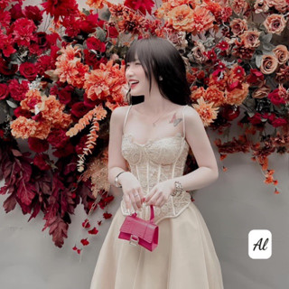 Váy nữ dự tiệc nâu be đầm nữ dáng dài sang chảnh váy mặc đi ăn cưới đi tiệc xinh sét áo cúp ngực 2 dây kèm chân váy dài