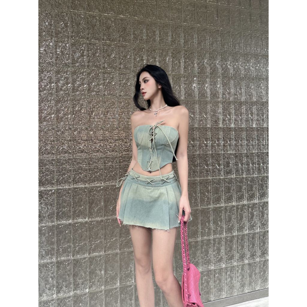 Tipblu - Áo/ Váy Đan Dây Bunny Denim Set