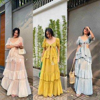 gv13-sét maxi chân váy tầng, áo cột nơ ngực, nhún thun lưng