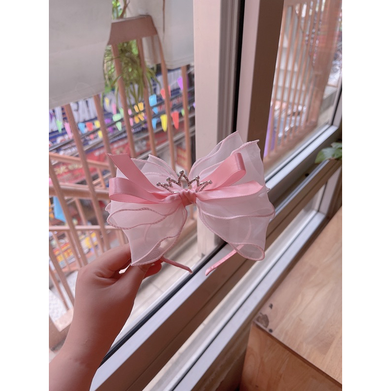 Cài tóc công chúa vương miện nơ hồng cho bé gái