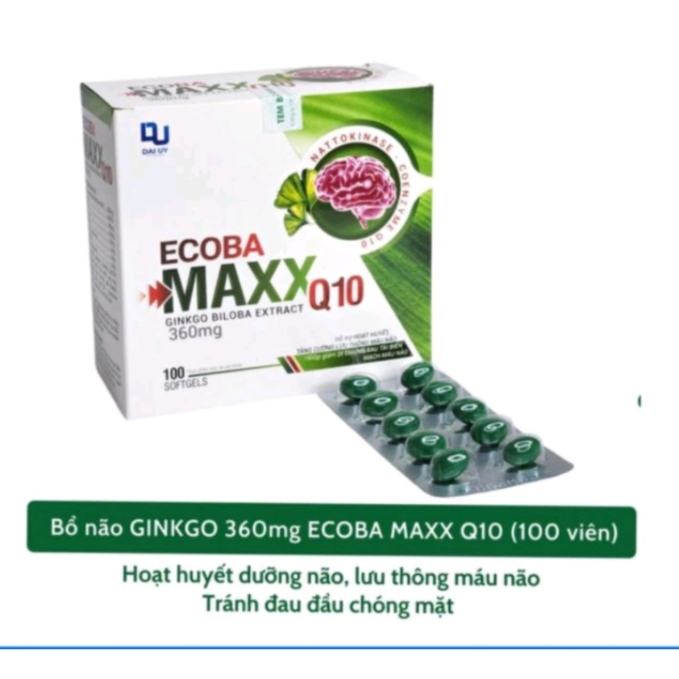Viên bổ não Ecoba Maxx Q10 Ginkgo Biloba 360 Hỗ trợ hoạt huyết, bổ não,giúp tăng cường lưu thông máu lên não.
