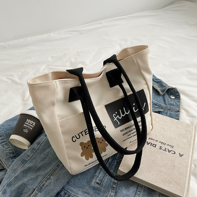 Túi xách tote đeo vai vải canvas nữ nhiều màu sắc cute bear phong cách Ulzzang,túi vải đeo vai đi học đi làm  thời trang