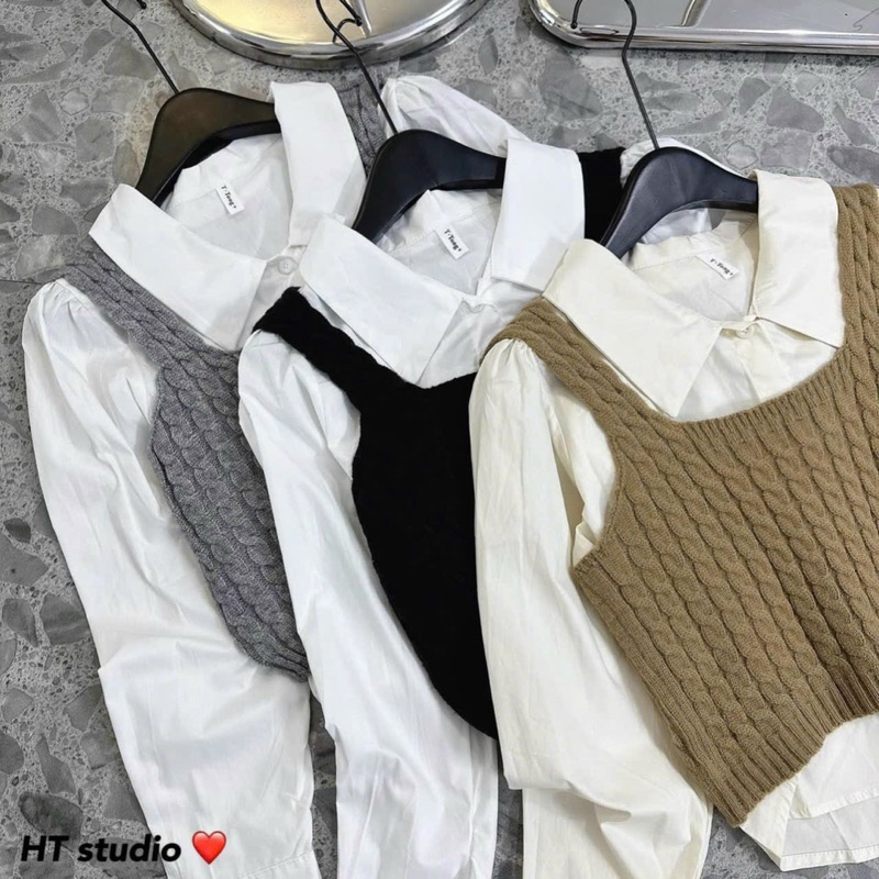 Set áo sơ mi kèm ghile len thừng phong cách hàn quốc A303