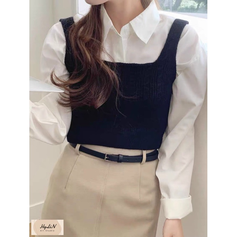 Set áo sơ mi kèm ghile len thừng phong cách hàn quốc A303
