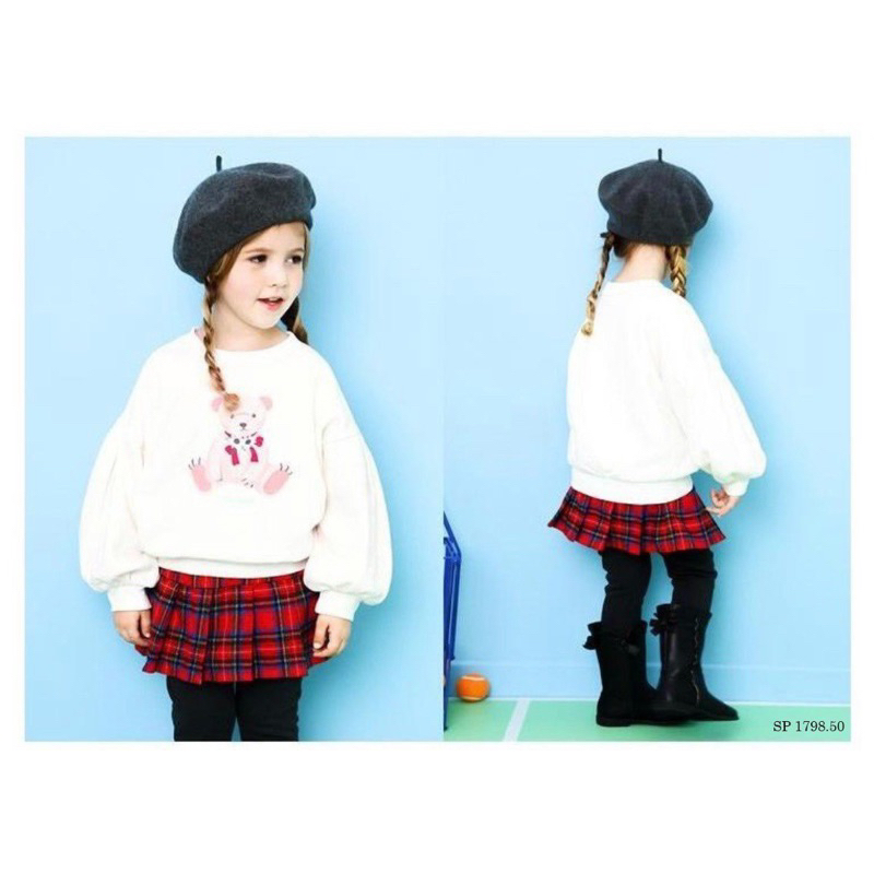 Bộ thu đông bé gái Áo trắng gấu tay bồng chân váy kẻ