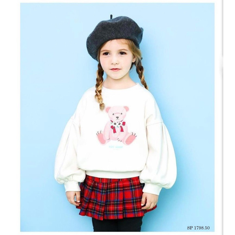 Bộ thu đông bé gái Áo trắng gấu tay bồng chân váy kẻ