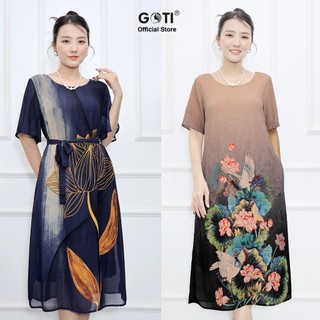 GOTI - Váy Đầm Trung Niên Nữ Cao Cấp Tay Cánh Tiên Cột Eo Form Suông 2 Lớp Có Nhiều Size  3265 3304