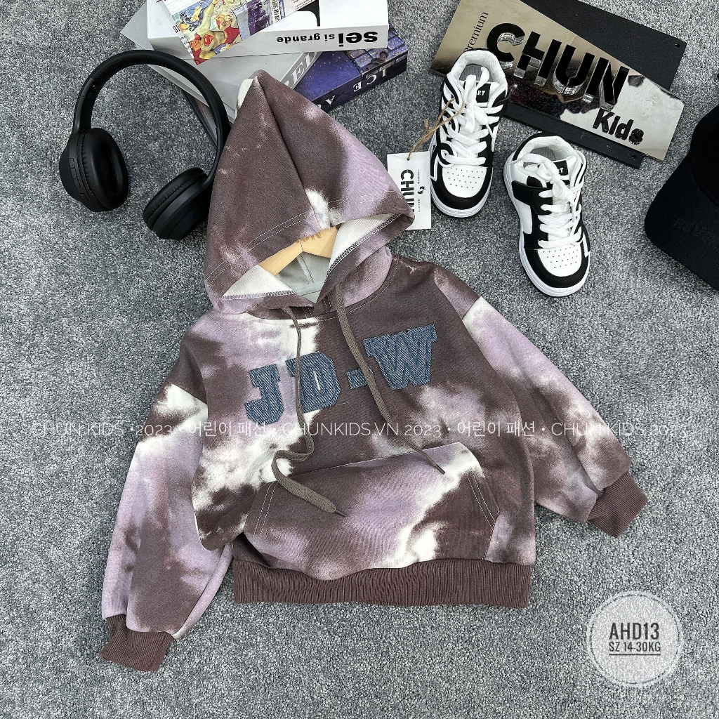 AHD13 - ÁO hoodie loang chữ jean JD-W nổi CHO BÉ