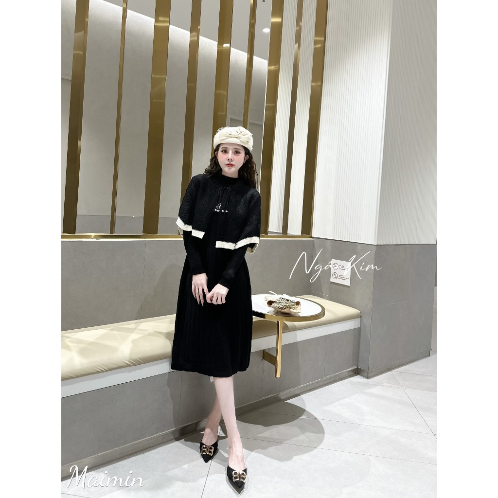 Set váy len áo choàng khuy tàu sang chảnh hàng QC