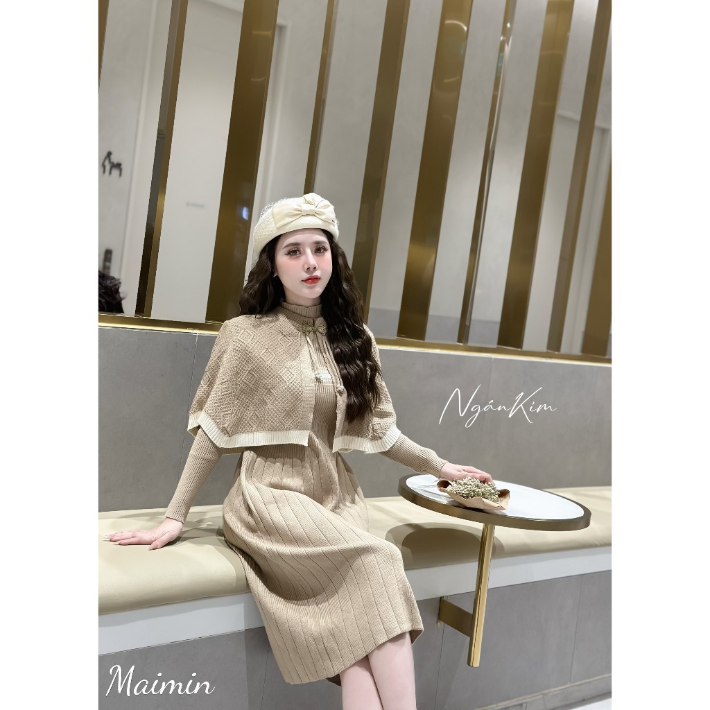 Set váy len áo choàng khuy tàu sang chảnh hàng QC