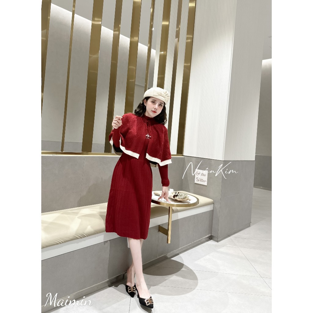 Set váy len áo choàng khuy tàu sang chảnh hàng QC