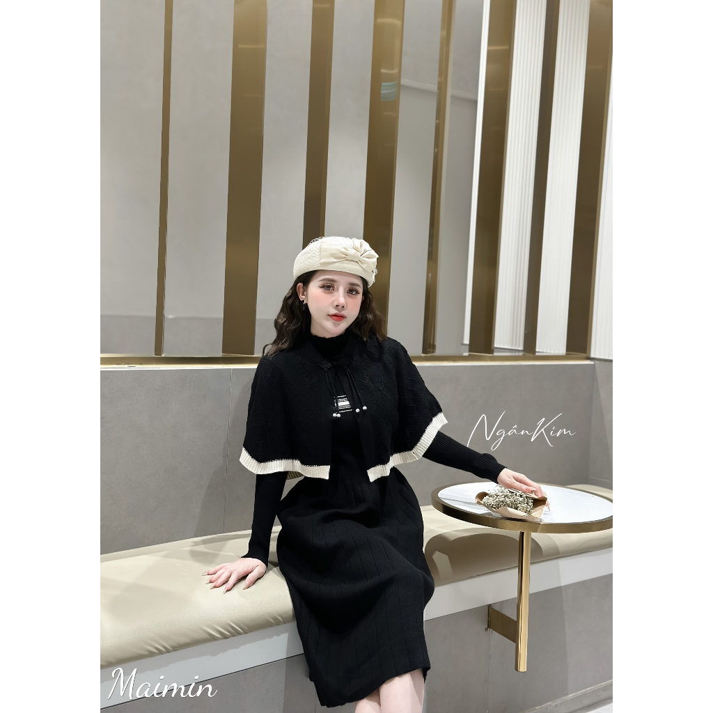 Set váy len áo choàng khuy tàu sang chảnh hàng QC