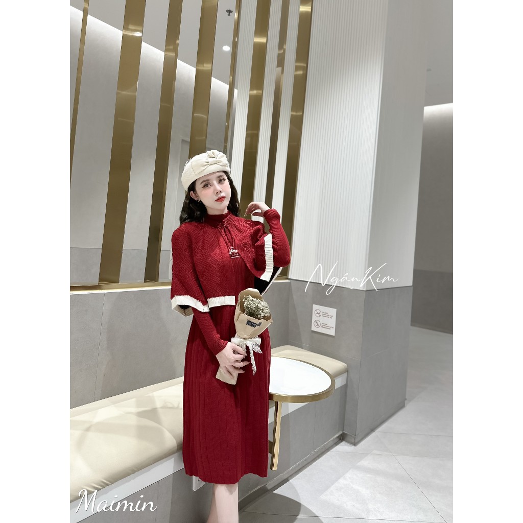 Set váy len áo choàng khuy tàu sang chảnh hàng QC