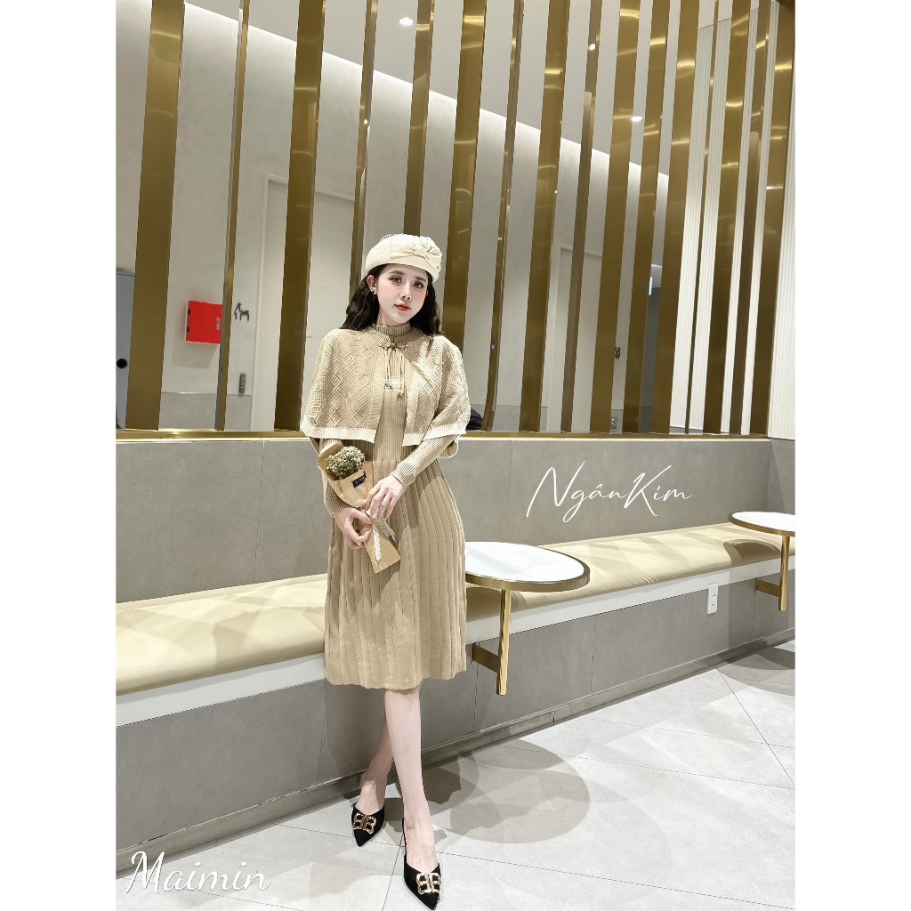 Set váy len áo choàng khuy tàu sang chảnh hàng QC