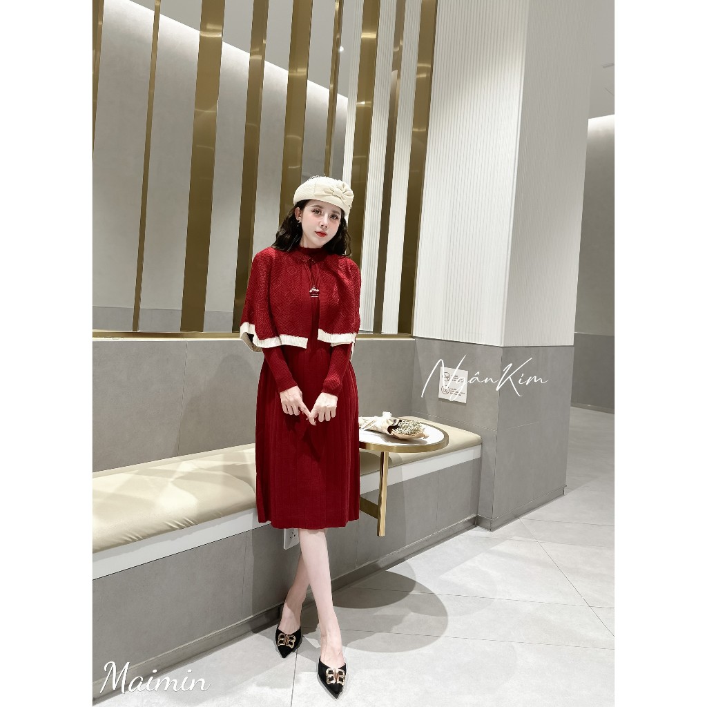 Set váy len áo choàng khuy tàu sang chảnh hàng QC