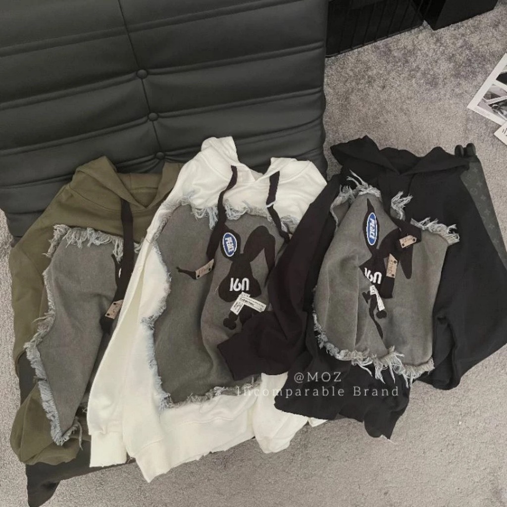 Áo hoodie hình thỏ phối vải bò form rộng thụng unissex nam nữ đều mặc được oversize dưới 65kg mặc đều hợp 1SIZESHOP