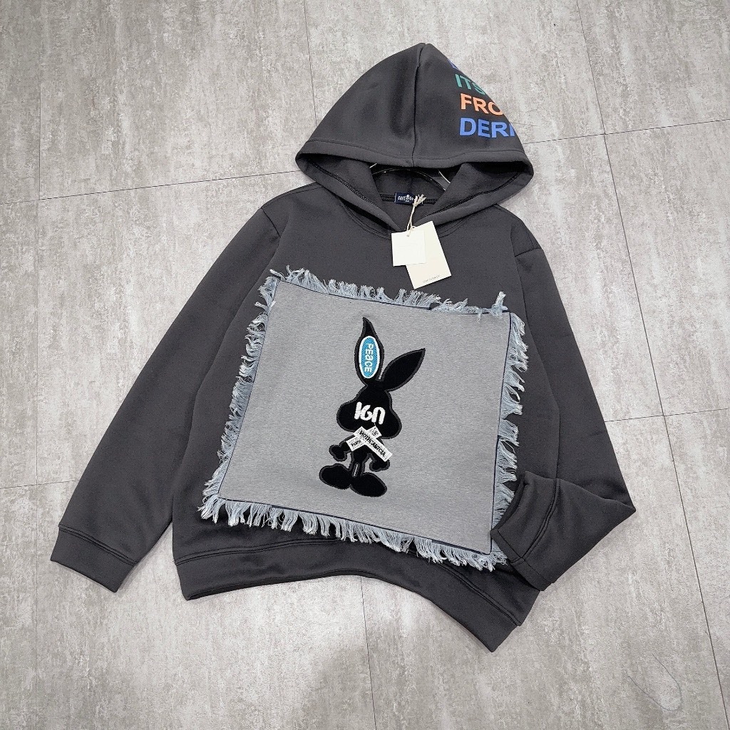 Áo hoodie hình thỏ phối vải bò form rộng thụng unissex nam nữ đều mặc được oversize dưới 65kg mặc đều hợp 1SIZESHOP