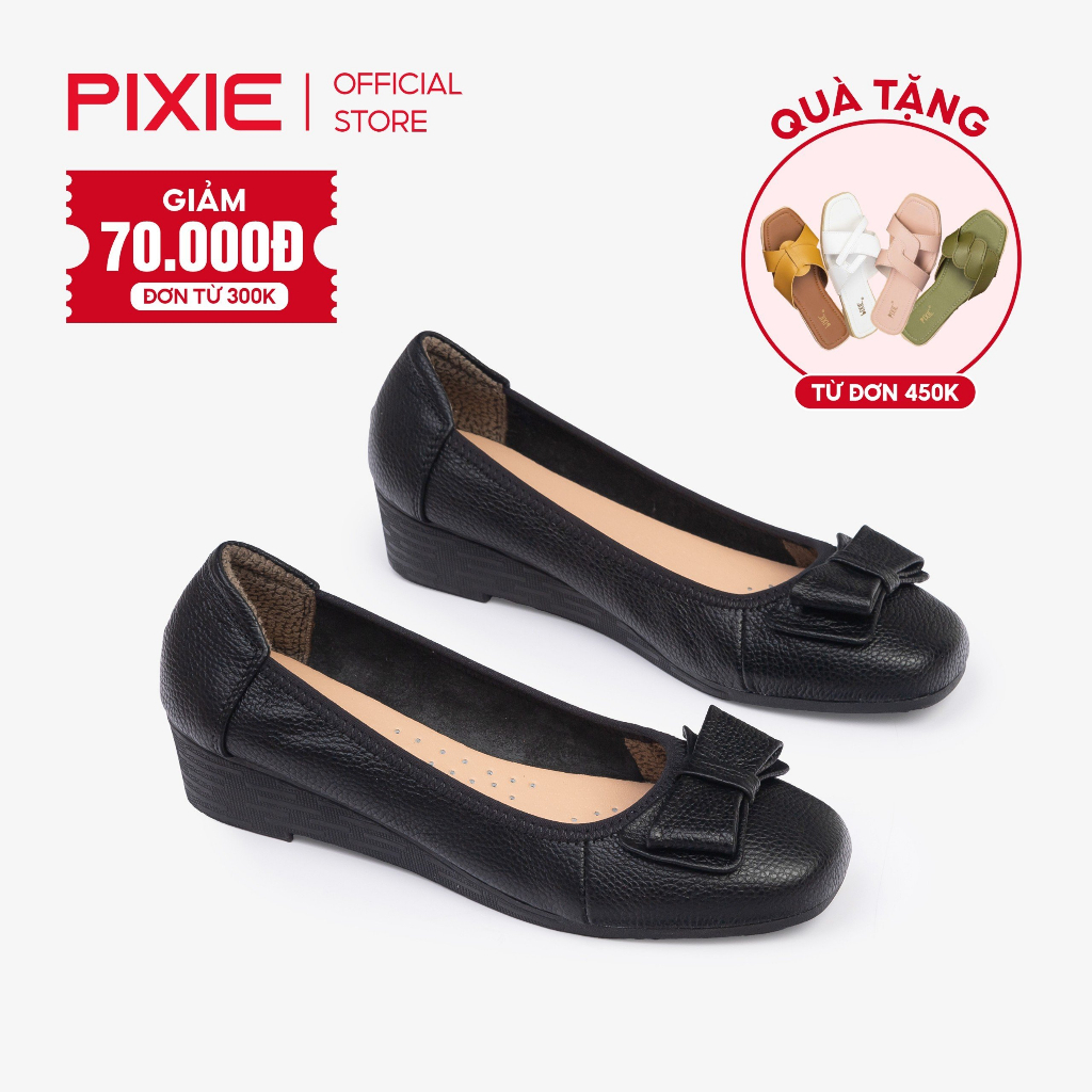 Giày Búp Bê Đế Xuồng 4cm Da Thật Phối Nơ 2 Tầng H174 Pixie