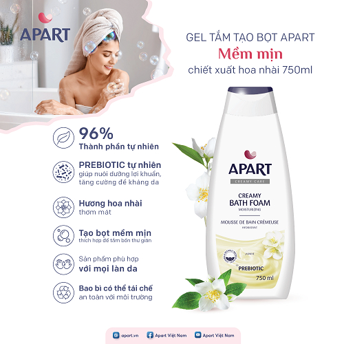 [Tặng mặt nạ tóc Nhật] Gel tắm tạo bọt Apart dưỡng ẩm, mềm mịn da chiết xuất hoa nhài 500- 750ML