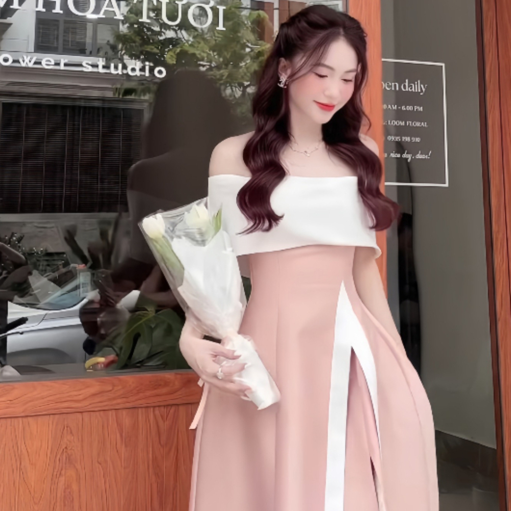 Váy trễ vai màu hồng pastel dáng dài, váy dài xẻ vạt dáng xoè phối trắng nữ tính dịu dàng